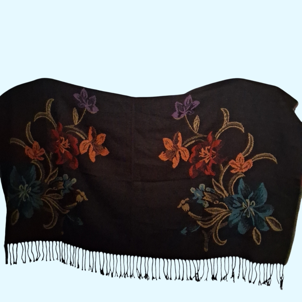 Black Shawl Wrap with Vibrant Colorful Floral | Multicolor Woven Fabric - Picture 10 of 16